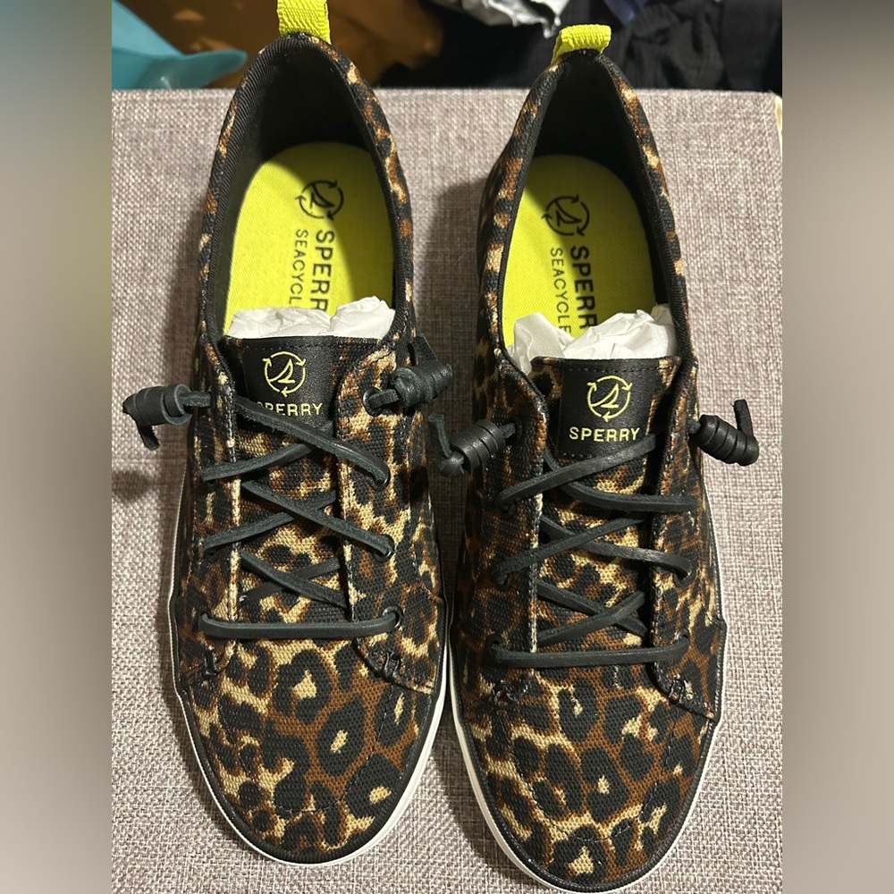 Sperry Leopard Print Canvas Sneakers with Neon Yellow Insole